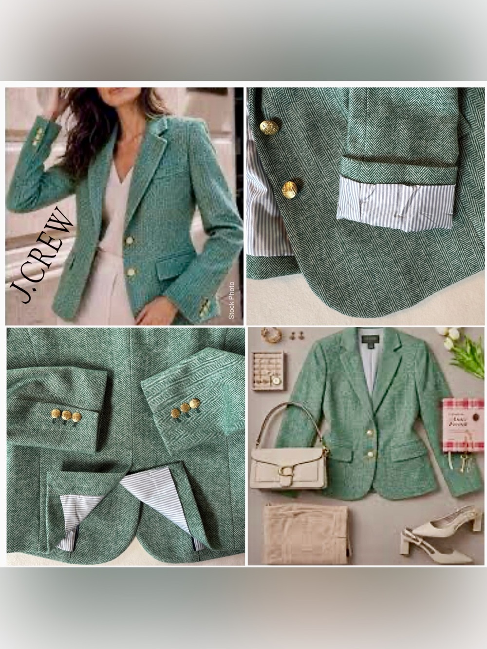 J. Crew Schoolboy Blazer BJ827 Herringbone Wool Blend Contrast Lining Green (2) - Picture 17 of 17